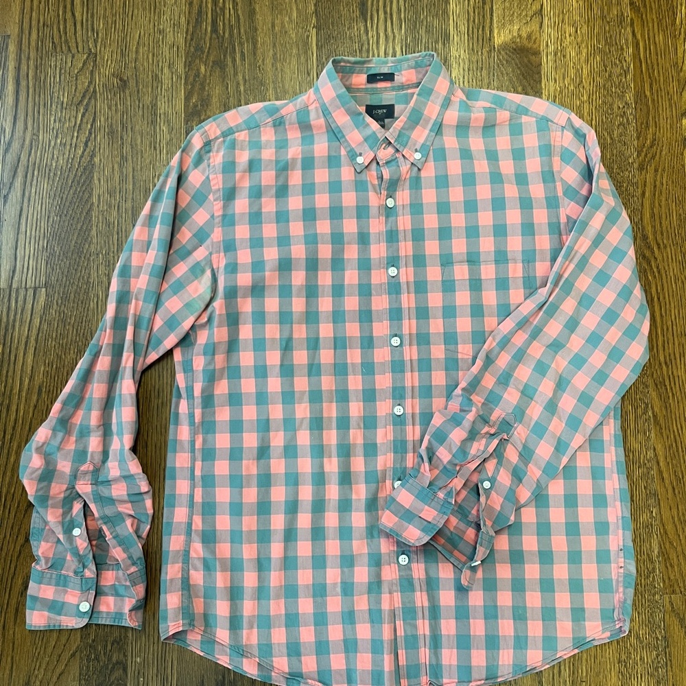 J. Crew pink & grey slim fit checked button down - men’s large